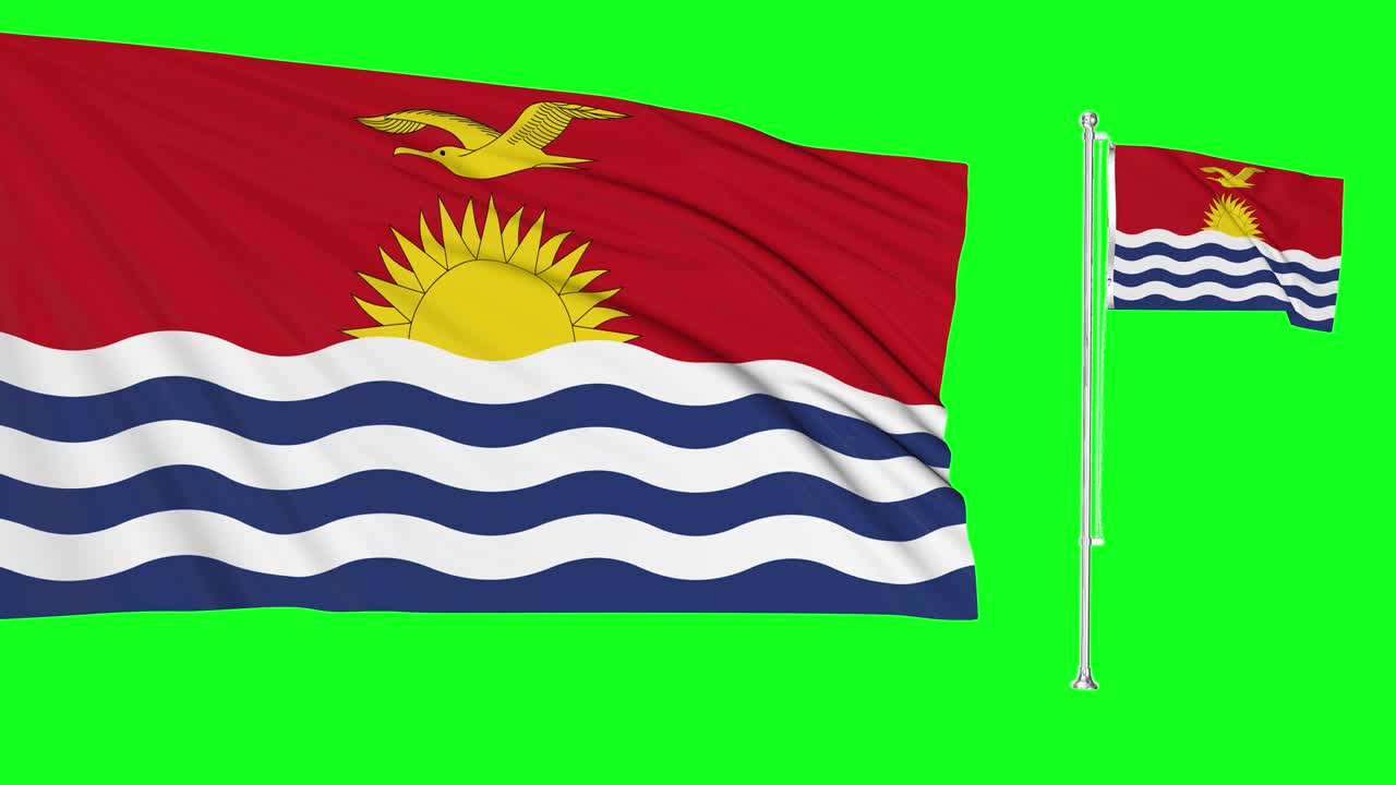 Green screen hiper realistic of Kiribati two flags waving in the wind kiribatian flagpole fluttering with highly detailed fabric texture animation 4k 3d chroma key