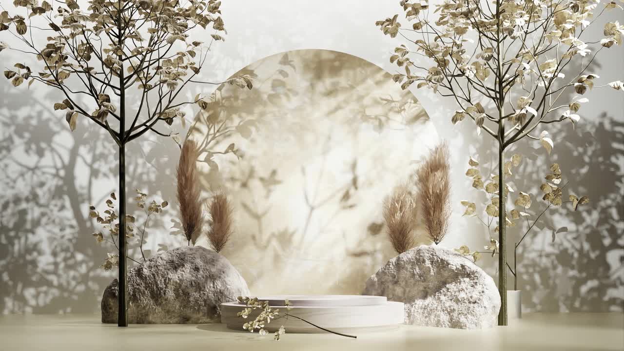 3d 렌더링 애니메이션으로 나무 잎 그림자를 가진 자연 나무 제품 디스플레이 스탠드 디자인, 자연 제품에 대한 전자 상거래 할인