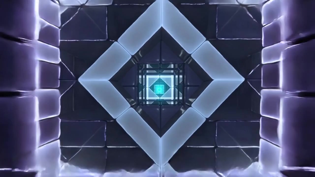 Camera gliding through glowing square frames moving toward cyan core inside art tunnel for depth