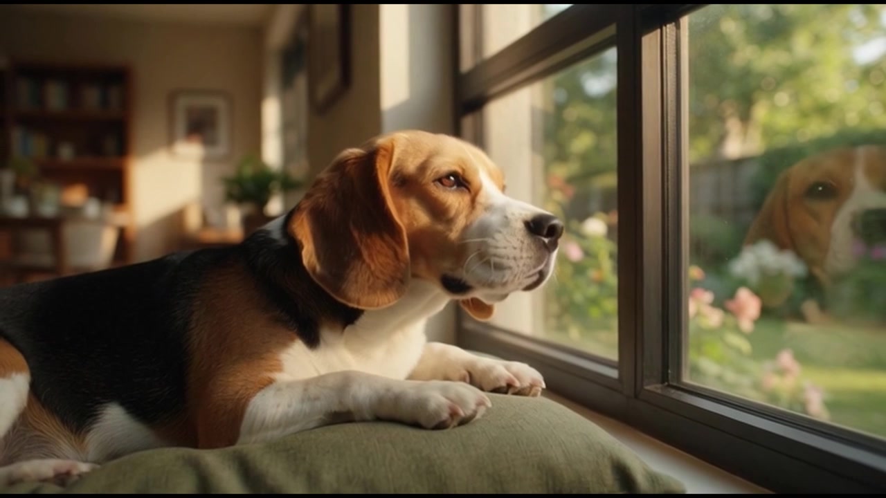 Cane Beagle che riposa su un cuscino vicino alla finestra a casa