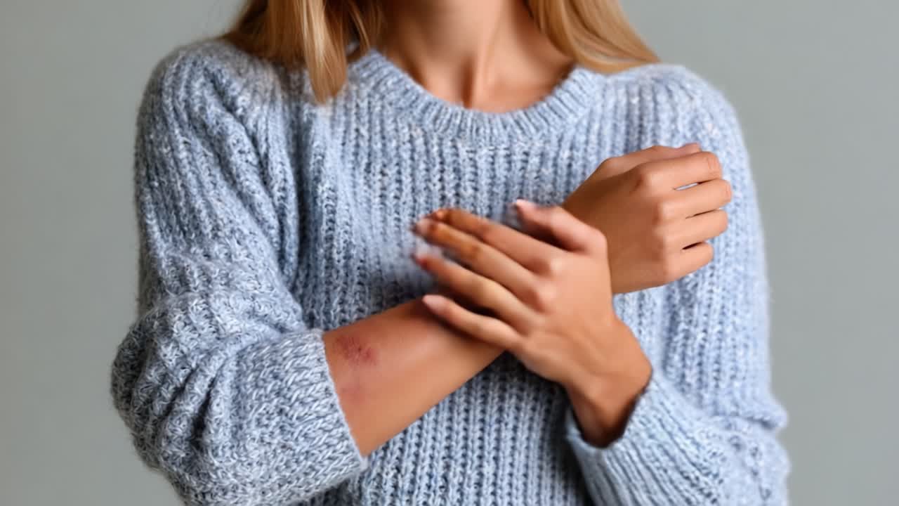 Một người phụ nữ mặc áo len dệt kim ấm cúng nhẹ nhàng ôm cánh tay, thể hiện khoảnh khắc suy tư về việc tự chăm sóc bản thân hoặc chiêm nghiệm, nhấn mạnh sự thoải mái và nội tâm trong không gian dịu nhẹ