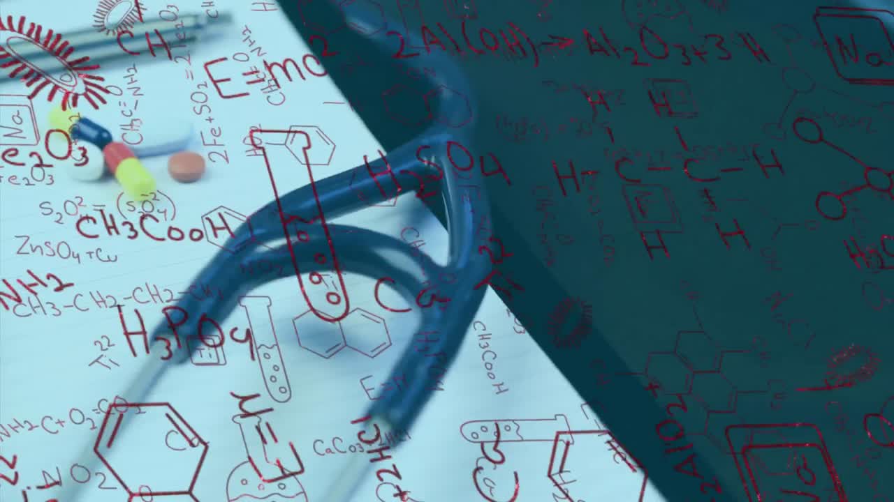 스테토스코프와 주사기 위에 회전하는 화학 구조 화합물의 애니메이션