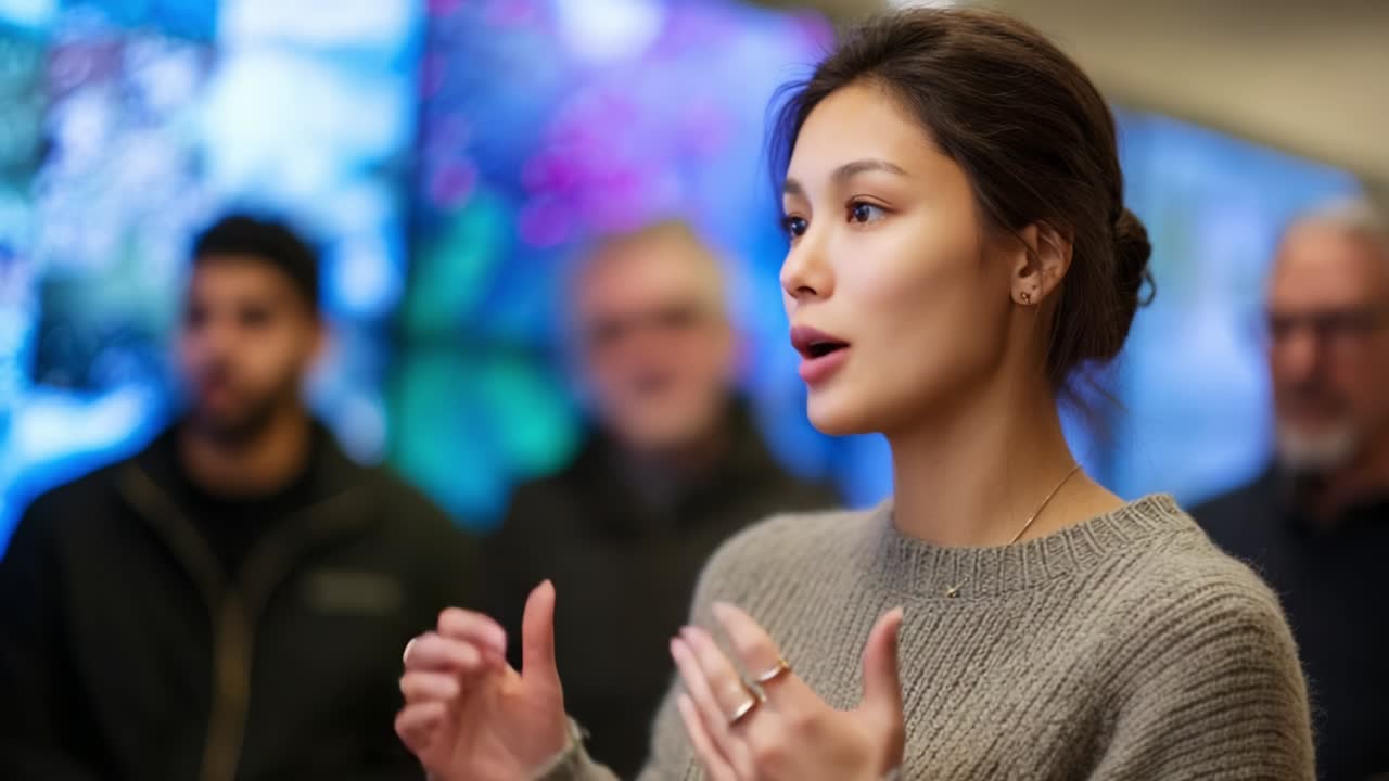 Engaging Discussion with a Young Woman in a Cozy Sweater in an Innovative Environment, Highlighting Her Importance in the Conversation Amid the Audience's Interest and Reactions