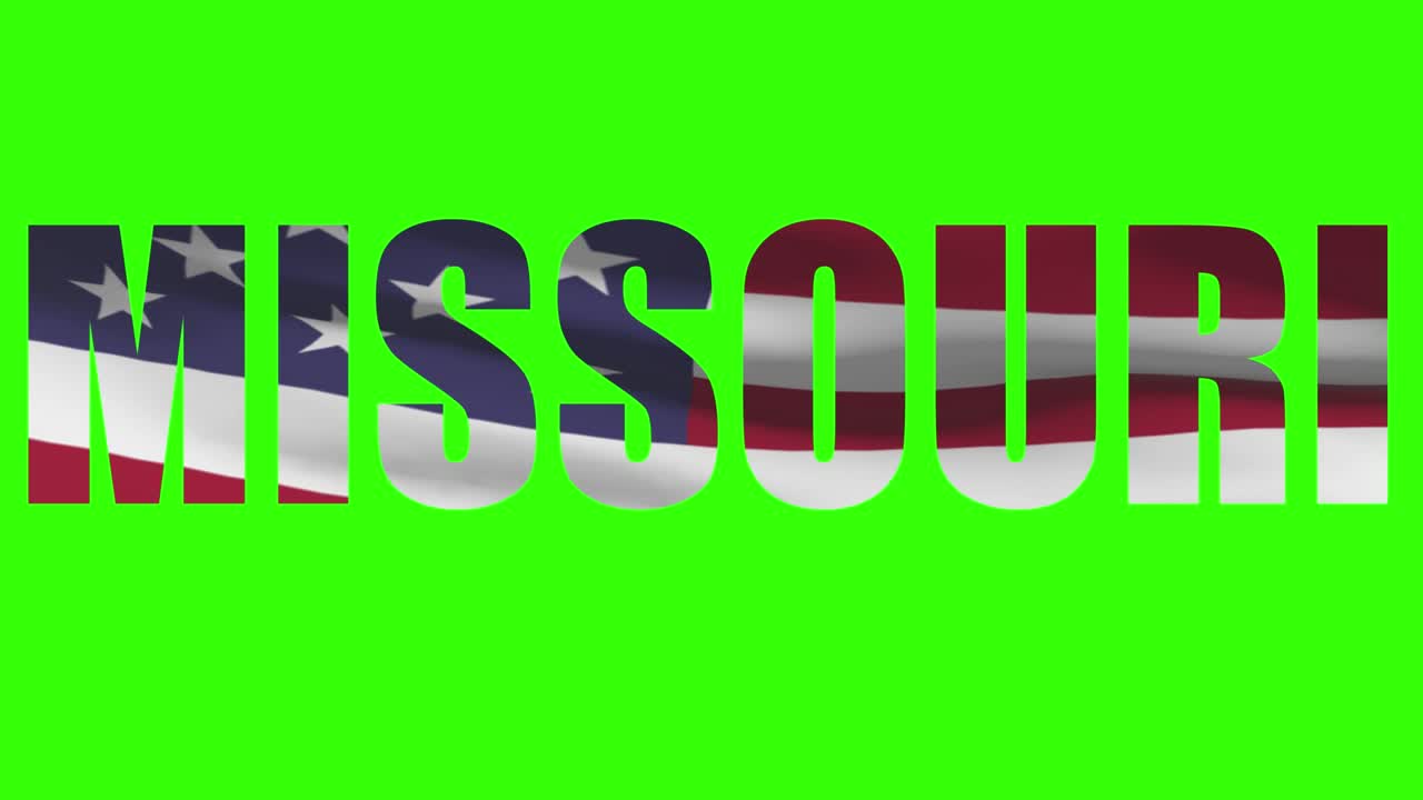 nombre del estado de missouri en animación de pantalla verde. bandera del estado de estados unidos ondeando