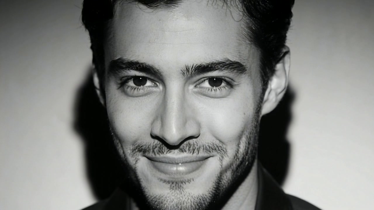 Uomo sorridente in camicia scura ammorbidisce l'espressione mentre la fotocamera si allontana in un ritratto in studio, con un'ombra.
