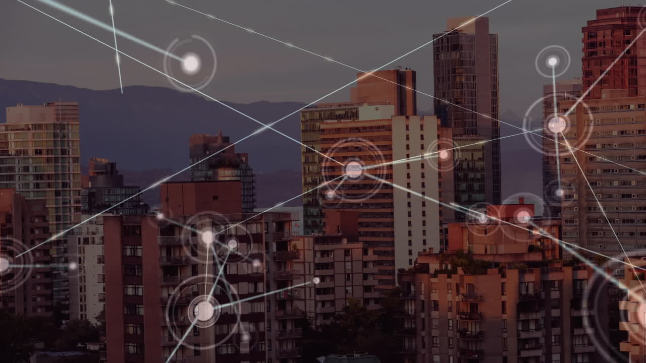 animación de la red de conexiones sobre el paisaje urbano