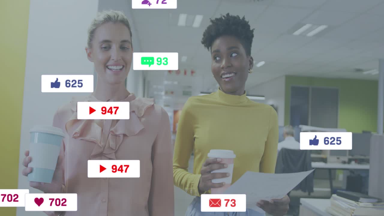 Two marketers walking and chatting as transparent notifications rising, visualizing engagement