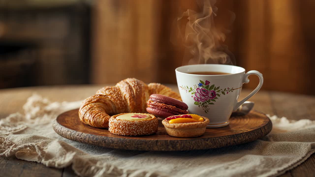Steaming porcelain cup emitting vapor from heat on round wood board, pastries and candle appearing