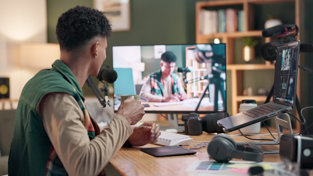 Man working on video editing at his home studio