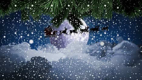 Animation-of-santa-claus-in-sleigh-with-reindeer-over-winter-landscape-and-moon