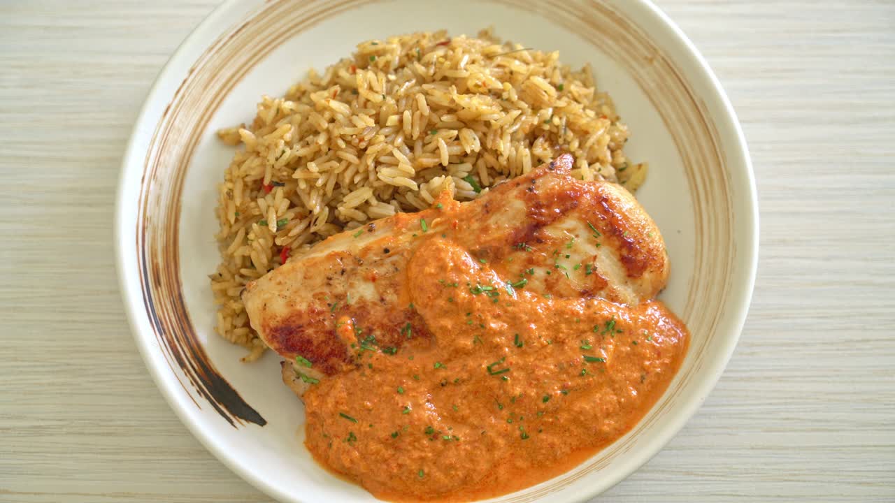 Filete de pollo a la parrilla con salsa de curry rojo y arroz - estilo de comida musulmana