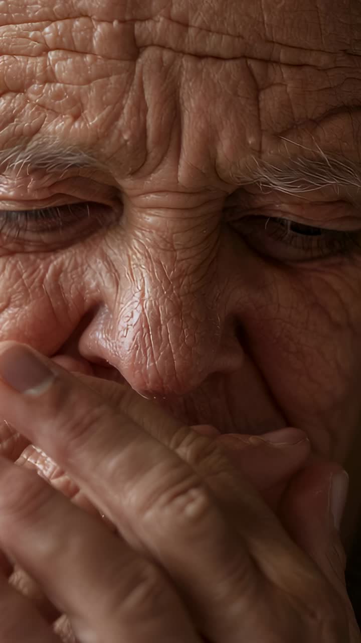 Vertical video: Starting closeup showing senior sliding hand on mouth and nose calming in dim room
