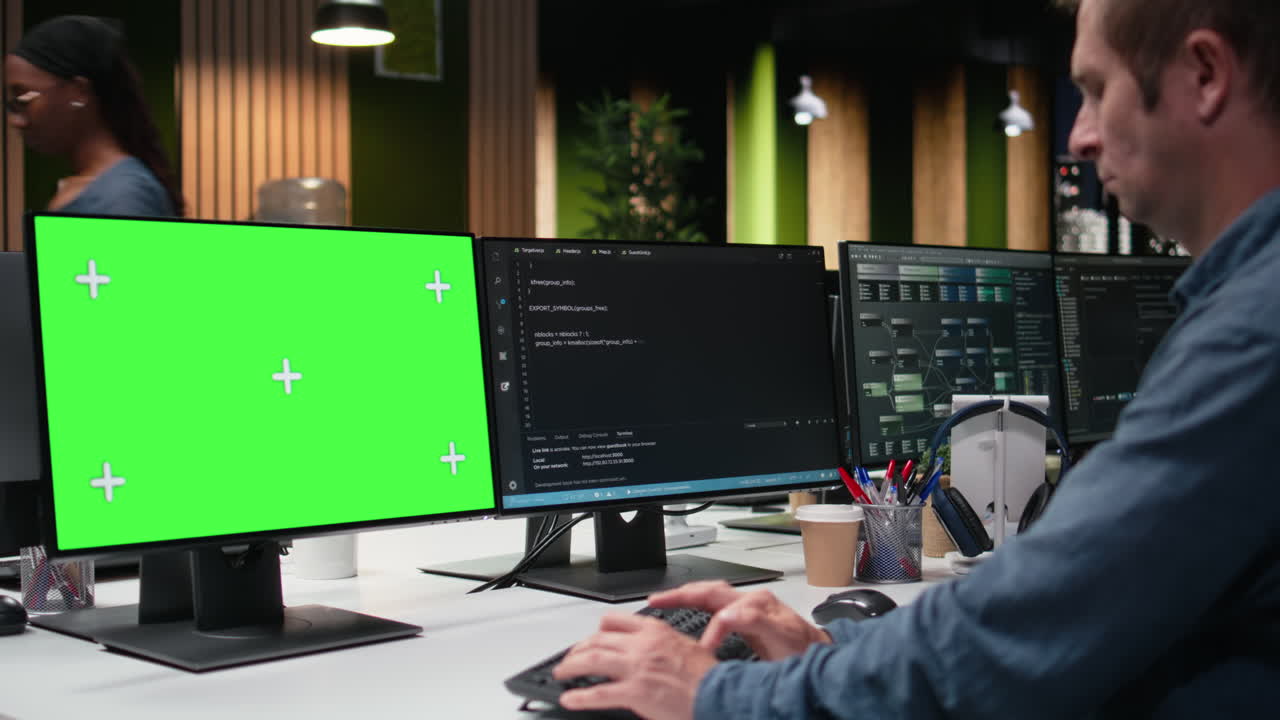 Programmer Working on Computer with Green Screen Display in Modern Office