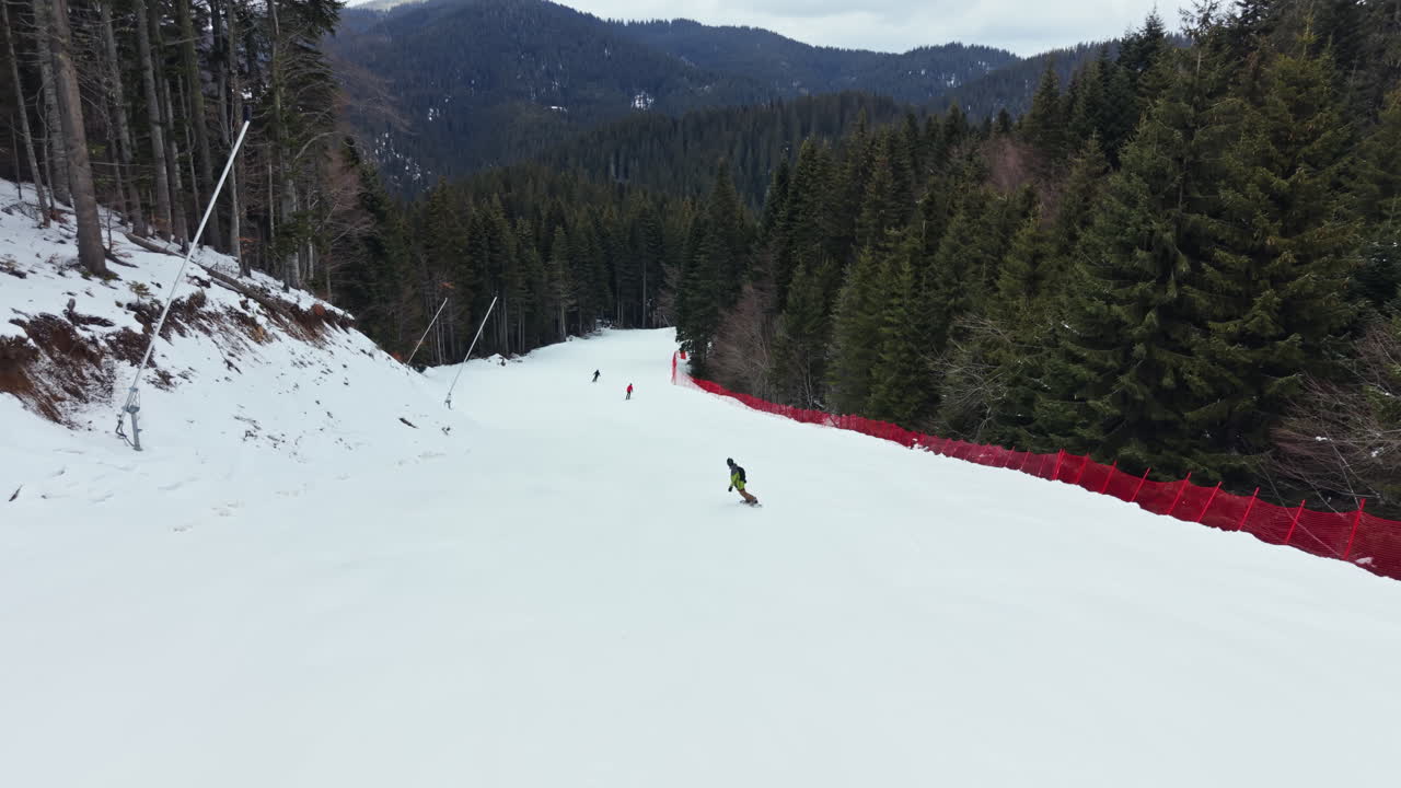 Snowboarders enjoy a clear day on a snowy slope in a forested mountain area with pine trees and a smooth trail marked by red fences