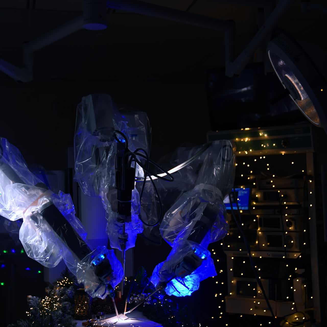 New technological equipment in modern surgical room with switched off lights. High-precise robotic arms write with a writing pen