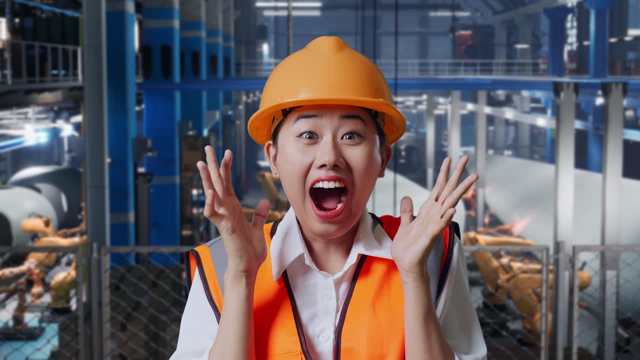 안전 헬을 입은 아시아 여성 엔지니어가 풍력 터빈 제조 공장에서 서서 카메라에 미소 짓고 로 팔이 작동하는 동안 와우라고 말합니다.