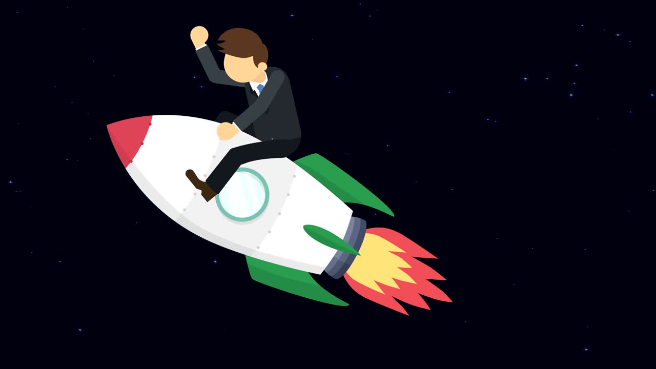 Business man flying on rocket through the space. Leap concept. Loop illustration in flat style.