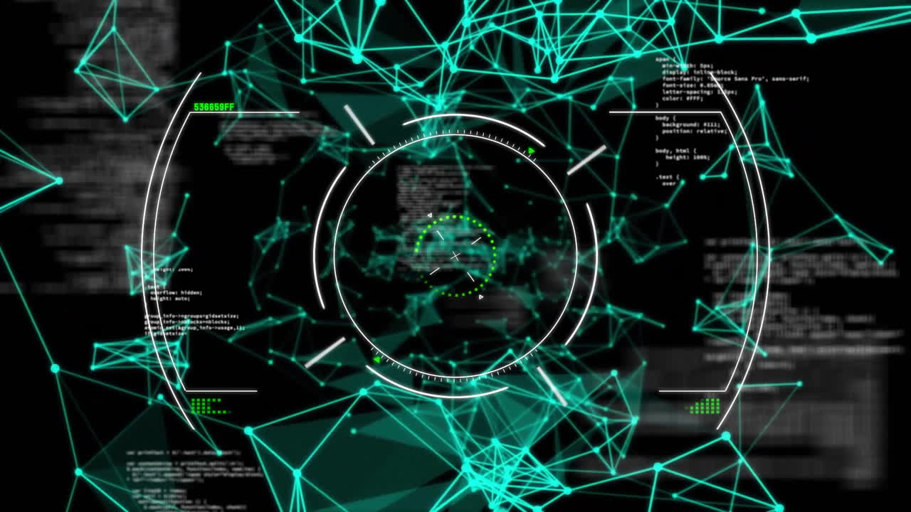 animación de círculos, lenguaje informático y puntos conectados sobre fondo negro