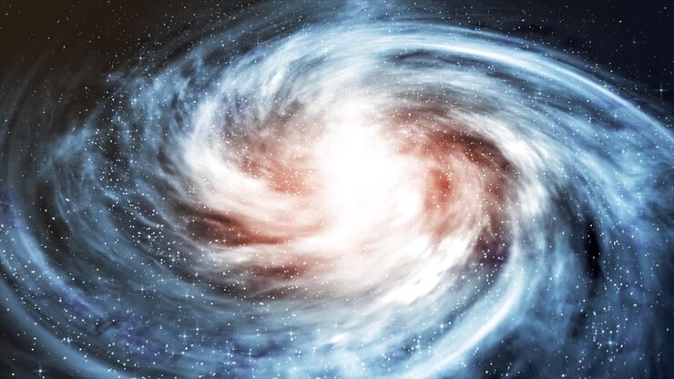 Bellissima e mozzafiato simulazione CGI 3D di una spettacolare galassia a spirale arancione e verde acqua che ruota nello spazio, con stelle simili a diamanti