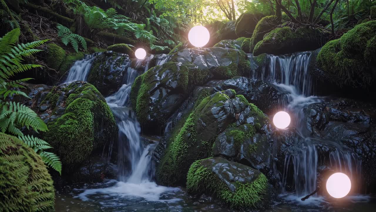 A mesmerizing video still of glowing orbs on a mossy waterfall. Captured from a low angle, it blends