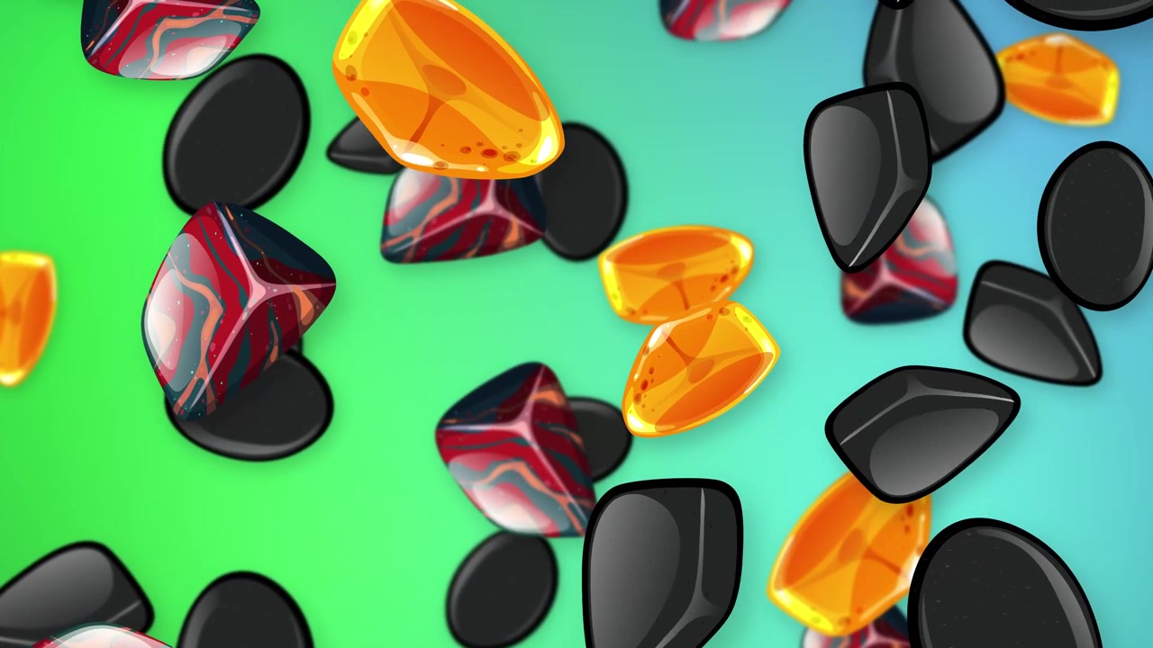 Colorful 3D stones and abstract shapes fall continuously against a bright green mesh gradient background.