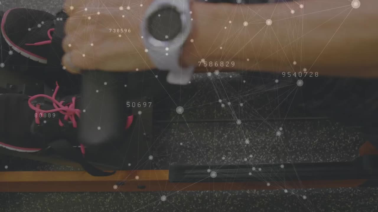 프로테시 다리를 가진 여성 장애인 운동 선수가 배경으로 운동하는 데이터 처리 애니메이션