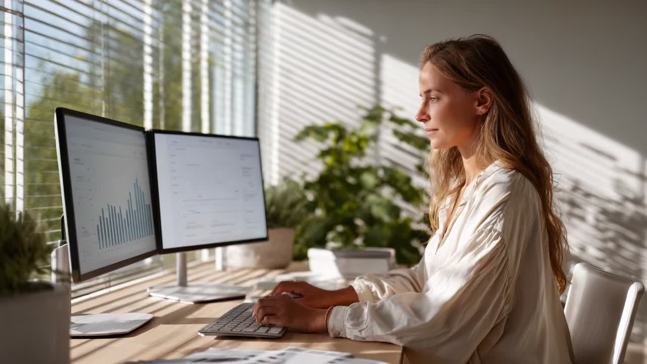 Focused Woman Working at Home Office Surrounded by Greenery, Analyzing Data on Dual Monitors with Natural Light Filtering Through Shutters, Showcasing a Productive and Serene Workspace Atmosphere