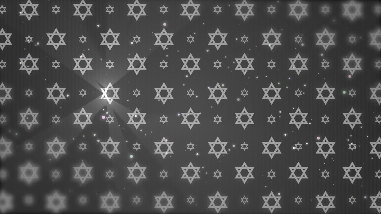 Grey background with jewish symbol star of david. Abstract animation with shining rays on hexagonal figures of Judaism. Looped motion graphics.