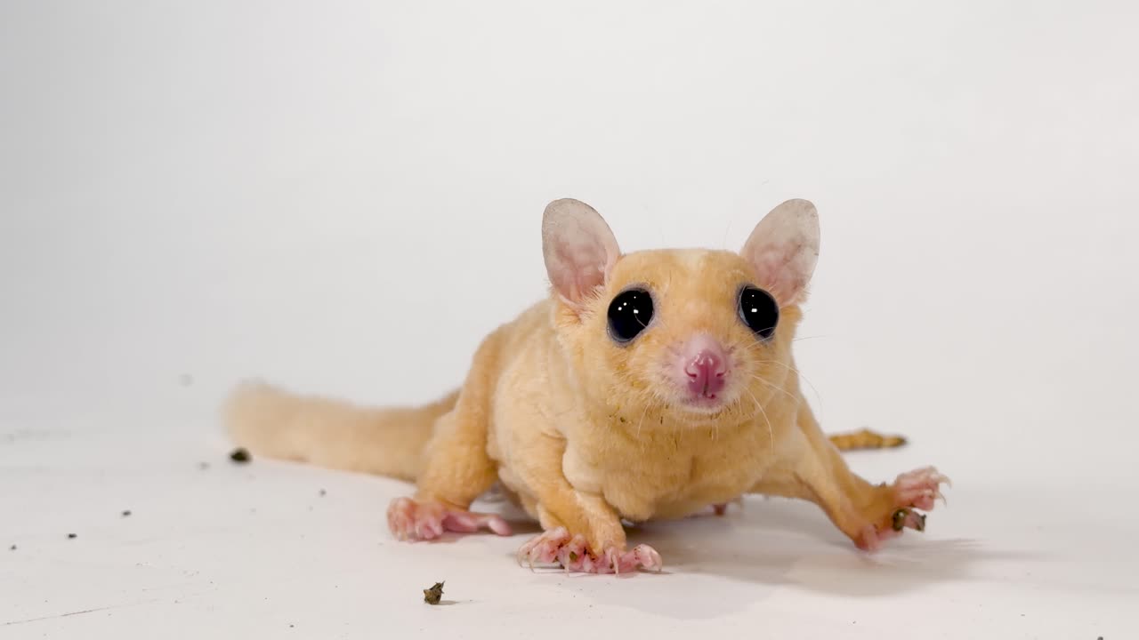 Um close-up de um petauro-do-açúcar comendo um bicho-da-farinha em um estúdio branco e impecável com câmera estática