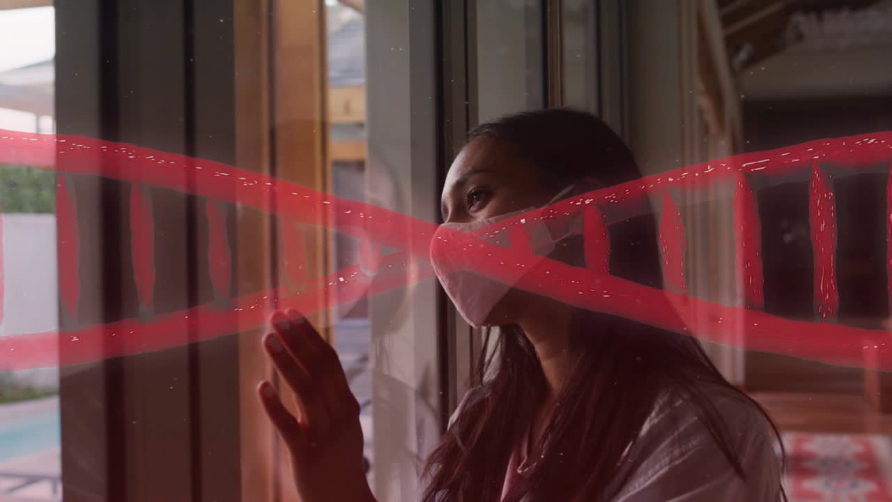 Woman pressing glass door activating animated red helix overlay while adjusting mask for health