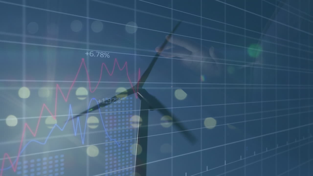 풍력 터빈과 네트워크를 통해 금융 데이터 처리의 애니메이션