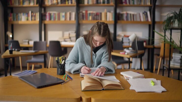 Ragazza adolescente che studia in biblioteca