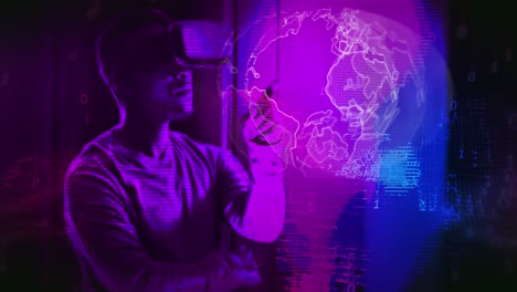 animation of binary coding and globe over african american male worker using vr headset