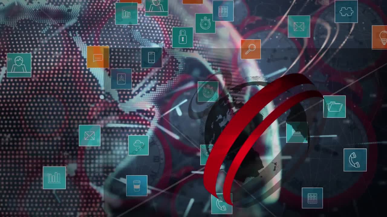 미디어 아이콘의 네트워크와 시계에 대한 데이터 처리와 함께 지구의 애니메이션