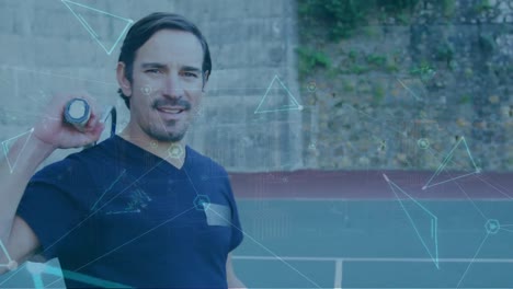 Animation-Eines-Netzwerks-Von-Verbindungen-über-Einen-Kaukasischen-Mann,-Der-Tennis-Spielt