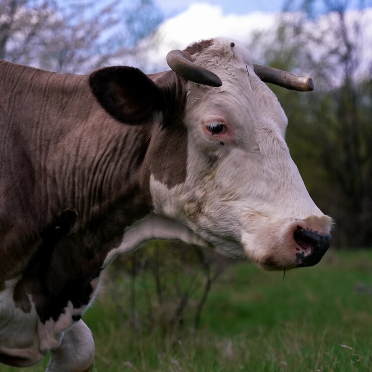Mucca da latte con le corna all'aperto in primavera. Mucca bianca e marrone che pascola su un prato su uno sfondo naturale. Concetto di animali domestici.