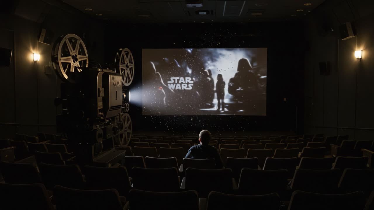 A Cinematic Journey: A Film Enthusiast Enjoys the Anticipation of a Classic Star Wars Screening in an Intimate Movie Theater Setting