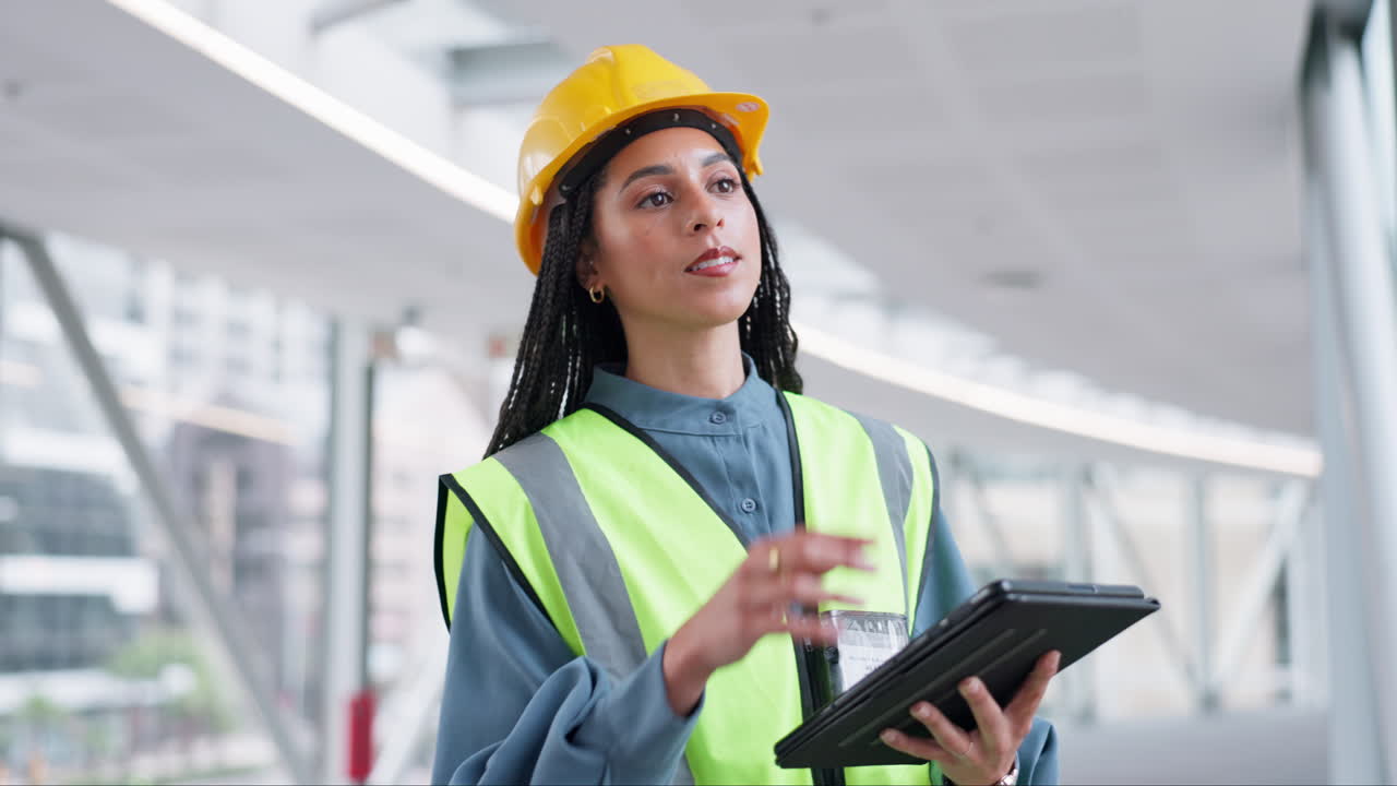 mujer de ingeniería, tableta y pensar en la construcción