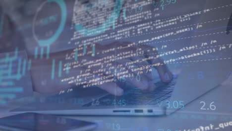 animation of statistical and stock market data processing over mid section of woman using laptop