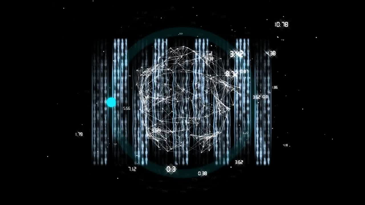 Animation of data processing and globe with network of connections on black background