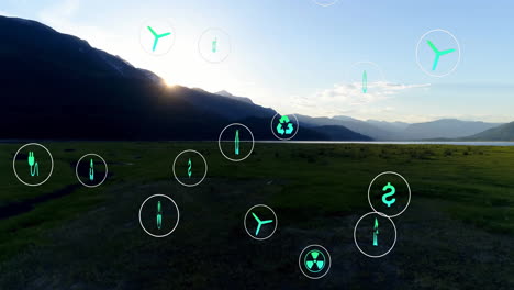 animation of environmental icons overlaying scenic mountain landscape in school project