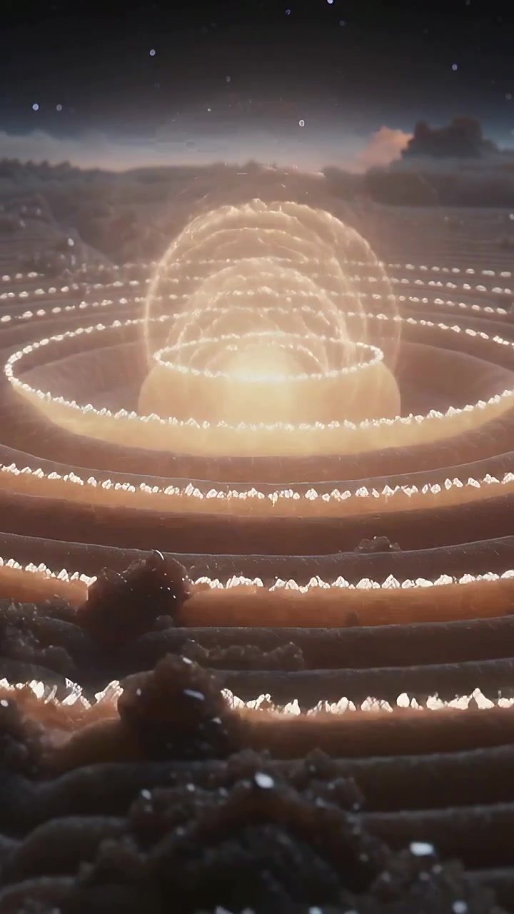 Vertical video: Condensing central orb under dome, pulsing rings on terraced plain