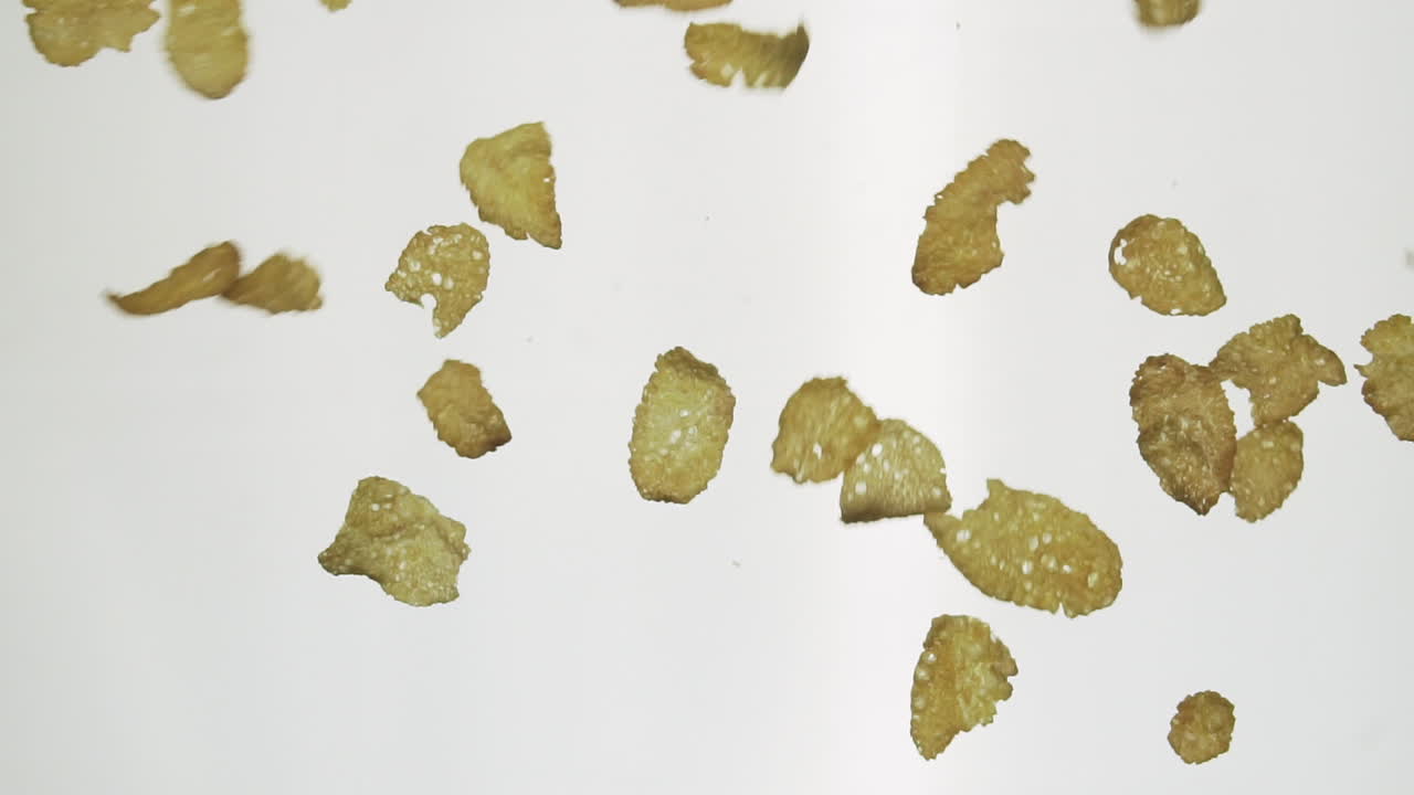 콘플레이크는 슬로우 모션 100fps로 떨어집니다.