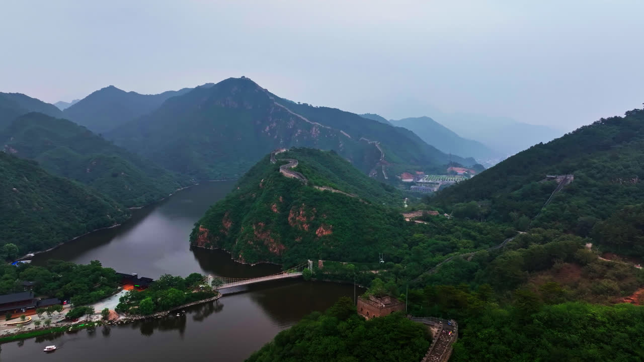 Panoramic drone overview of the Huanghuacheng Great Wall area, summer in China