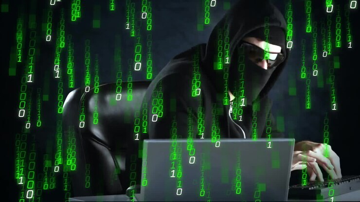 Hacker i hættetrøje, der bruger bærbar computer over grøn binær kode-animation