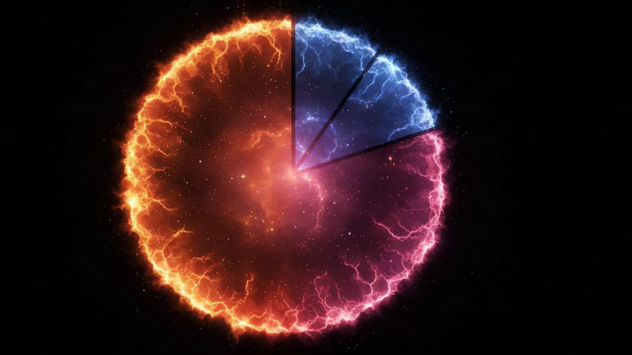 A vibrant energy display featuring a circular design split into fiery orange and electric blue segments, showcasing dynamic lightning patterns and a celestial atmosphere
