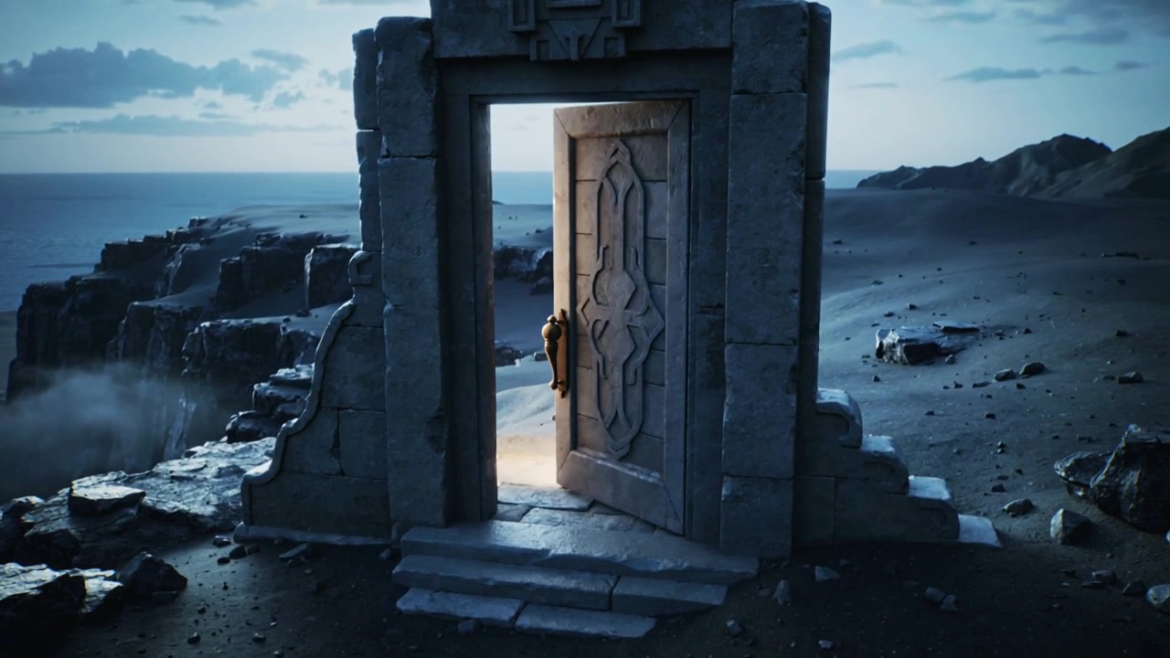 Figura con abrigo oscuro abriendo una puerta de piedra tallada en una llanura costera ventosa, luz cálida atrayendo