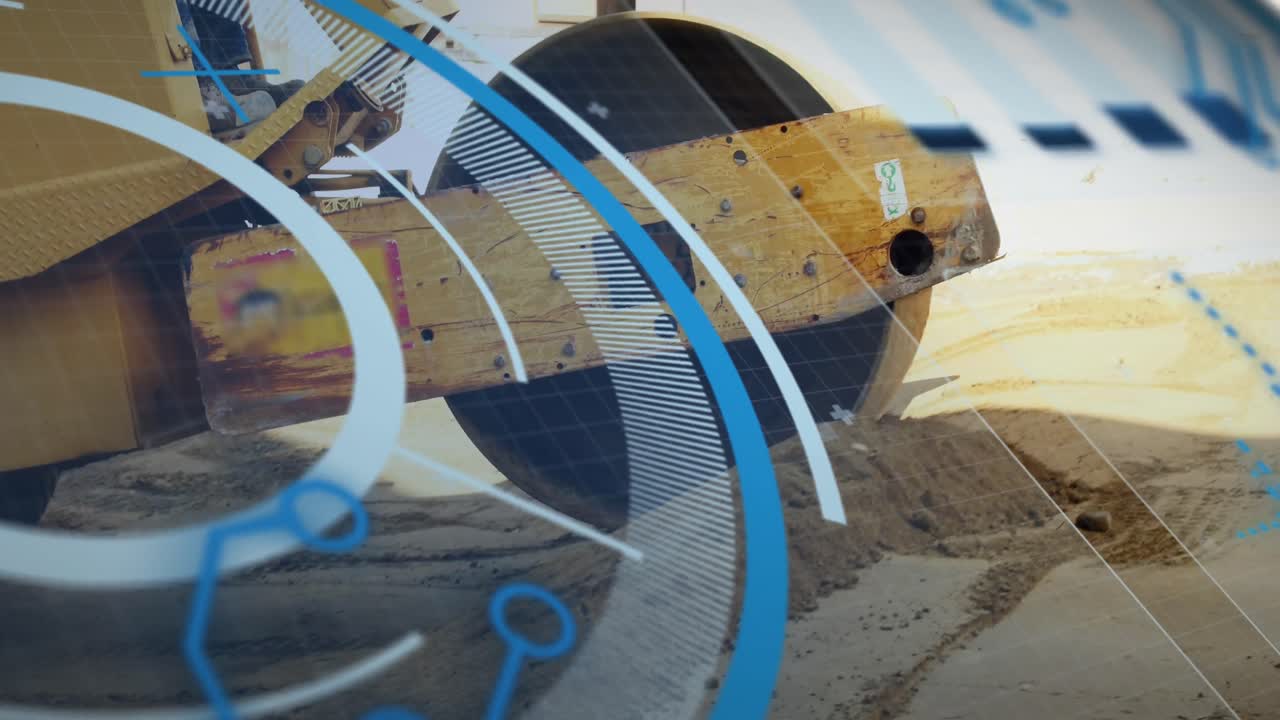 animación del patrón de la placa de circuitos en círculos sobre el terreno de nivelación de los rodillos de la carretera en el sitio de construcción