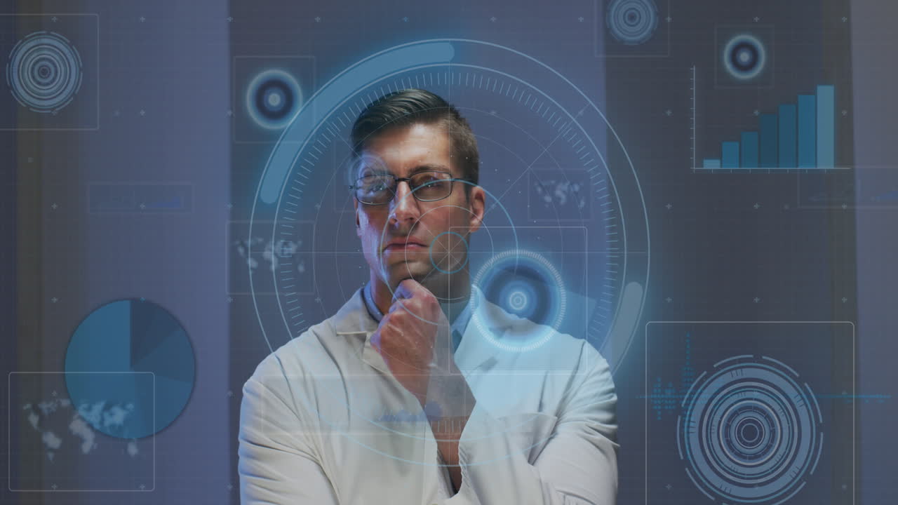 animación de procesamiento de datos y escaneo de alcance sobre el hombre caucásico