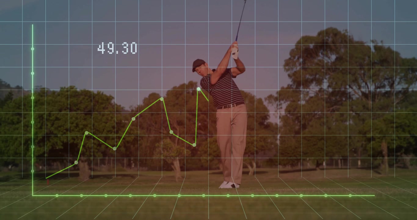 Golfista che impugna la mazza sul tee eseguendo lo swing, con un grafico delle prestazioni animato che sale tracciando la velocità tramite la tecnologia.